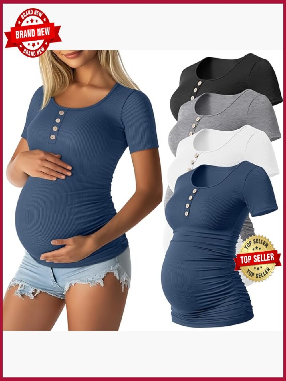 4 Pack Maternity Tops Scoop Neck Cotton Short Sleeve Henley Side Ruched